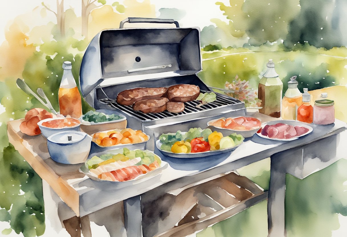 A backyard barbecue set-up with a grill, utensils, condiments, and a variety of meats and vegetables ready to be cooked