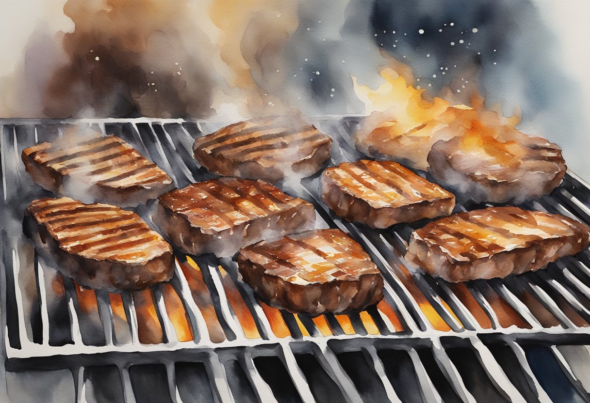 Smoke rises from a sizzling grill, as the aroma of charred meat and sweet barbecue sauce fills the air. The flames dance beneath the grates, adding a tantalizing char to the perfectly seared meats