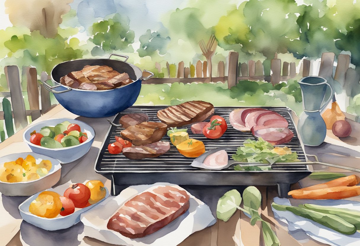 A backyard barbecue with a grill, utensils, and various meats and vegetables ready to be cooked. An open guidebook titled "Frequently Asked Questions Beginner's Guide to Barbecuing as a Hobby" is placed on a nearby table