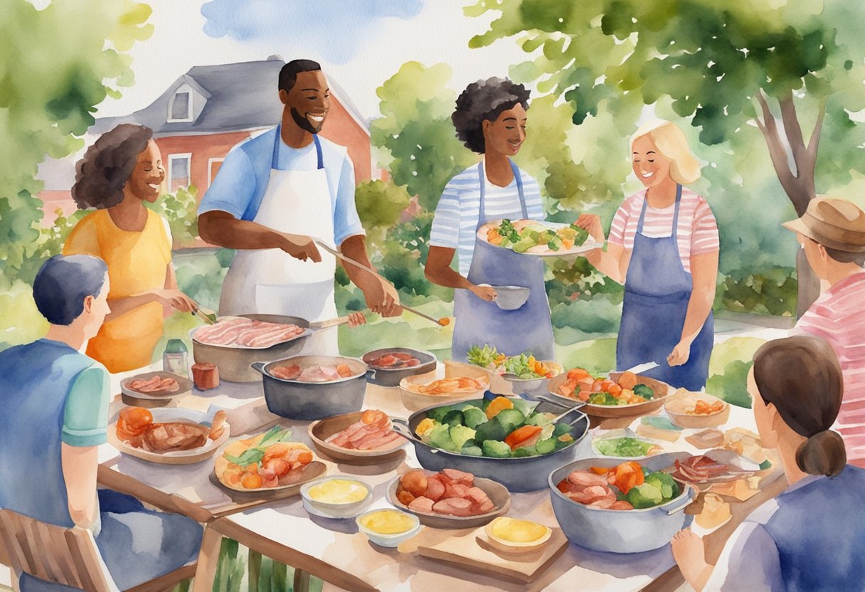 A backyard barbecue with a variety of meats and vegetables sizzling on the grill, surrounded by a group of friends enjoying the warm weather and the delicious aroma of the food