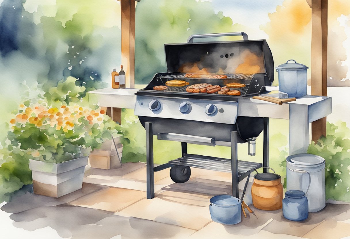 A clean and organized outdoor barbecue area with tools, grill, and safety equipment. Clear instructions for proper maintenance and safe cooking practices