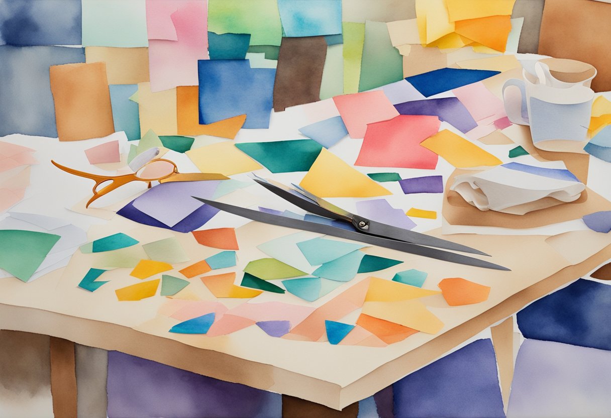 A table covered in colorful paper scraps, glue, and scissors. A completed collage sits nearby, ready for display