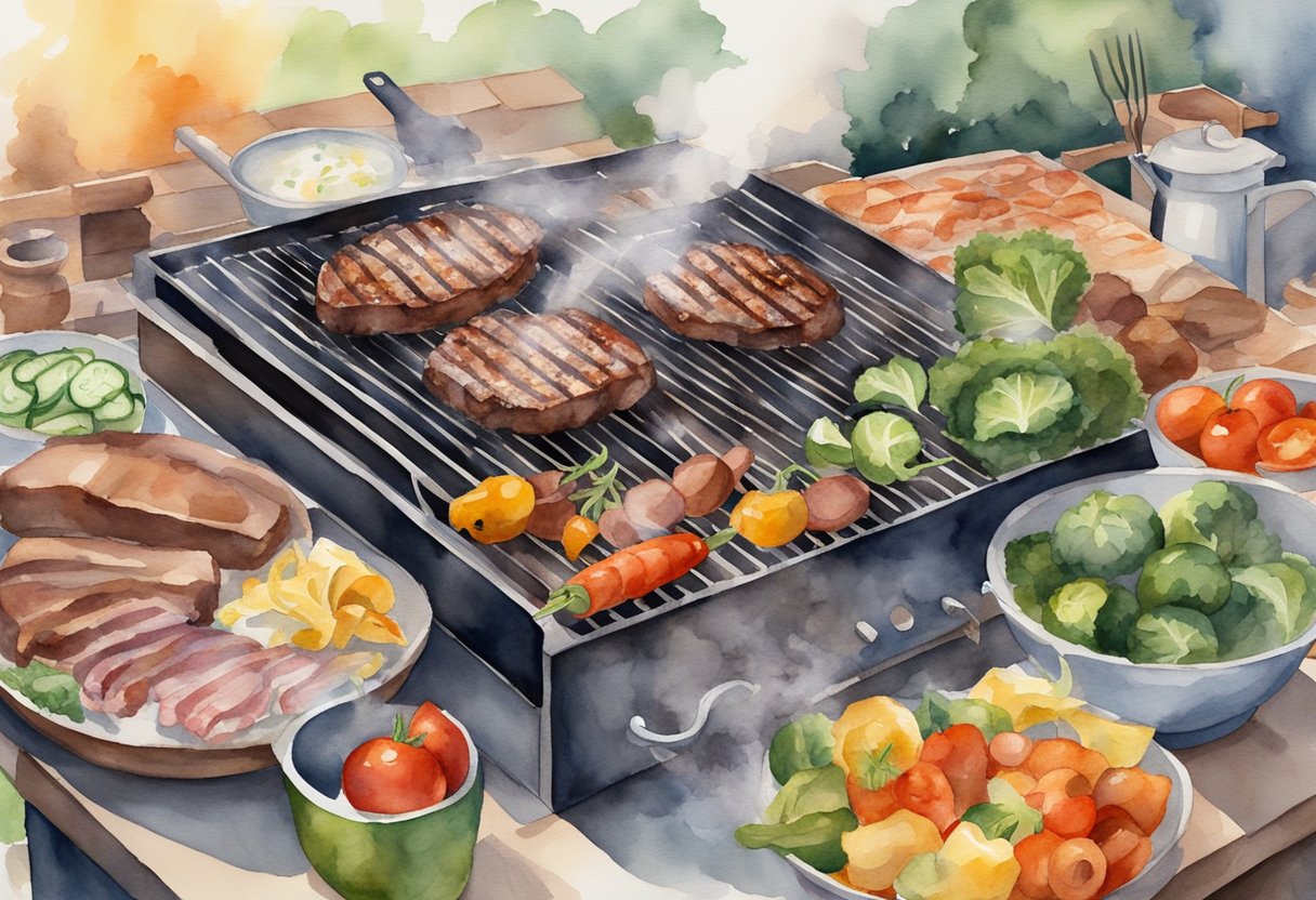 A backyard barbecue grill sizzling with smoke, surrounded by various meats and vegetables, with a chef's apron and utensils nearby