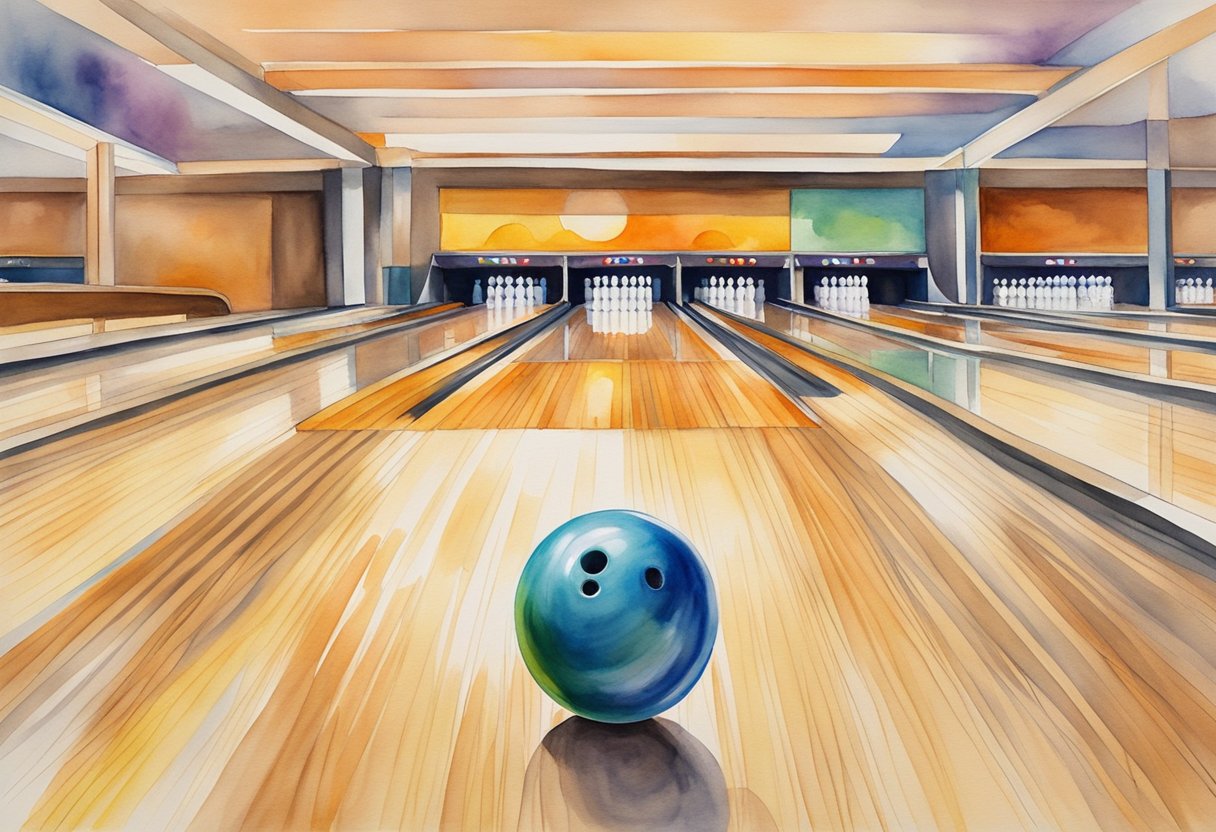 A bowling ball rolls down the polished lane, knocking over pins in a brightly lit bowling alley