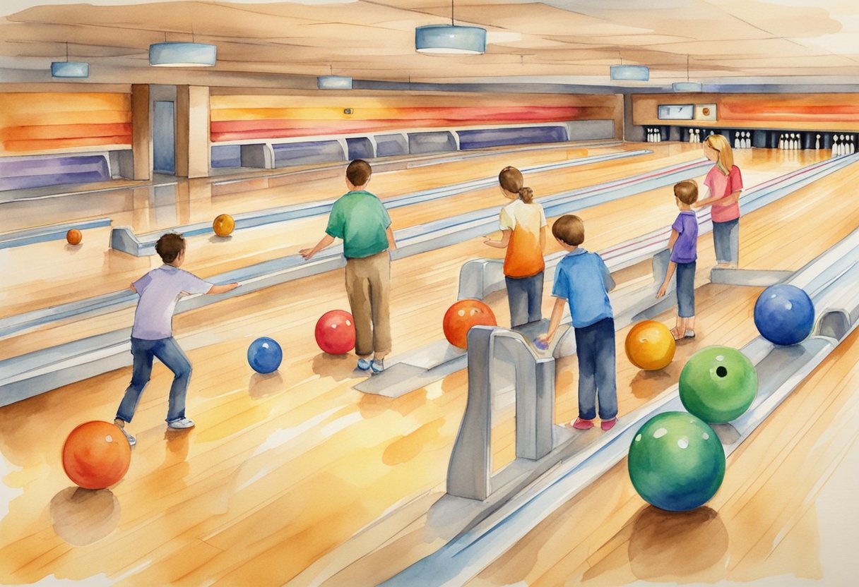 Bowling alley with colorful lanes, pins, and balls. Beginners receiving instructions from a coach. Posters and signs with bowling tips and rules