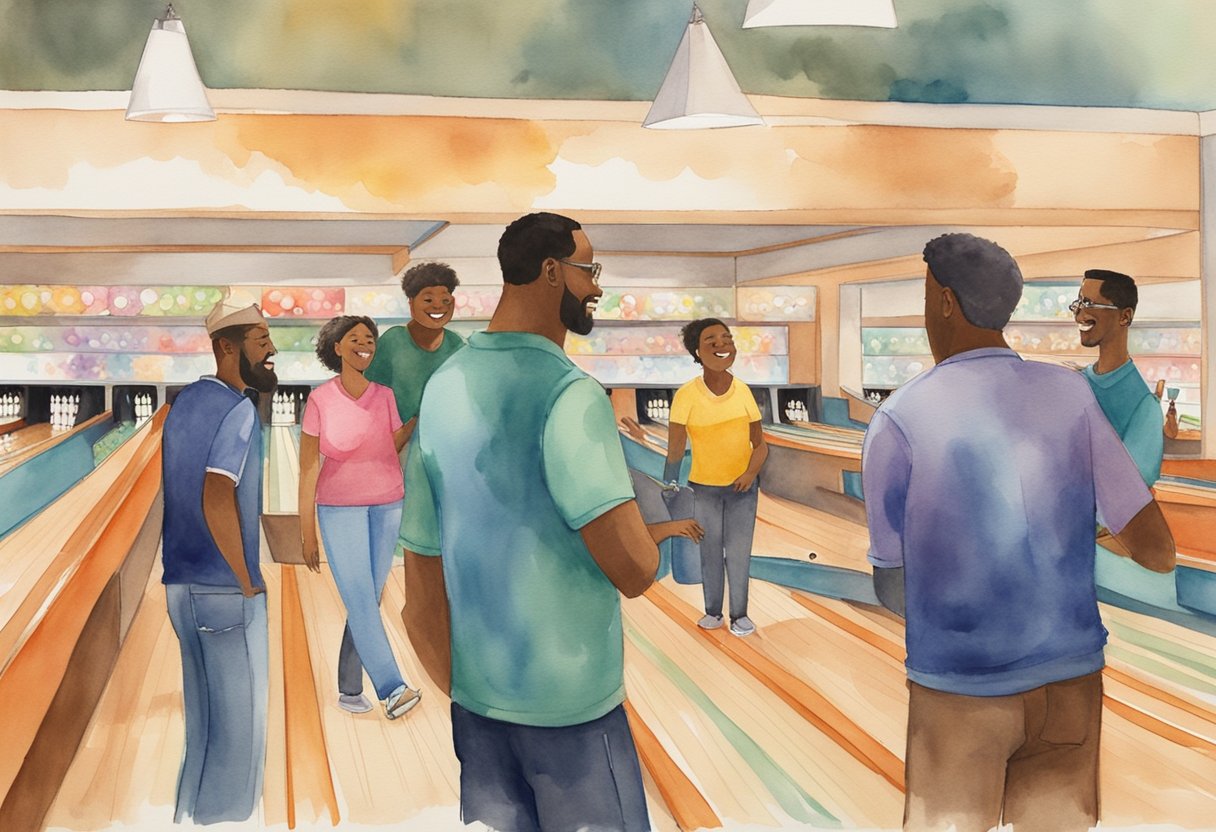 A group of diverse individuals gather around a bowling alley, chatting and laughing as they learn the basics of the game. The atmosphere is lively and welcoming, with bright colors and the sound of rolling balls and crashing pins