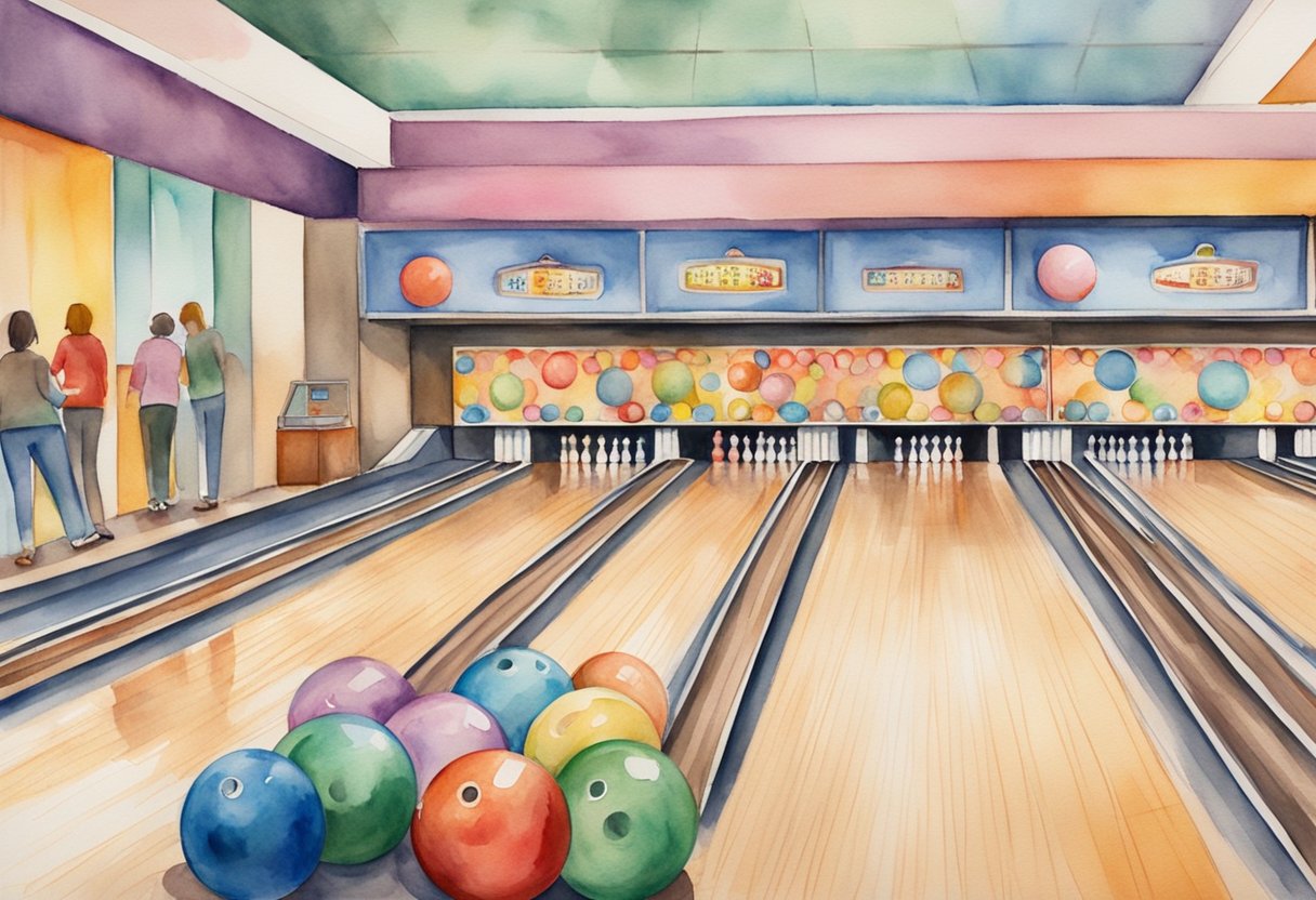 Bowling alley with colorful lanes, pins, and balls. People enjoying the game, scoring screens, and snack bar in the background