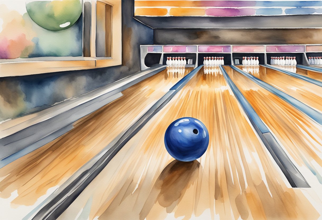Bowling ball rolling down alley, knocking over pins, scoreboard in background