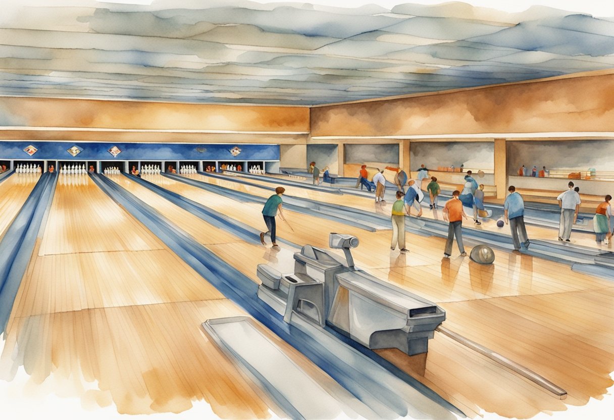 Bowling alley with diverse bowlers in action, various styles and techniques on display, equipment and lanes showcased