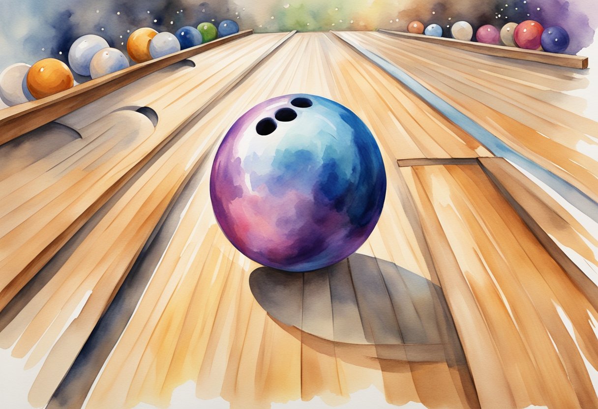 Bowling ball rolling down the polished wooden lane, crashing into the pins, scattering them in all directions. Players cheering and clapping in the background