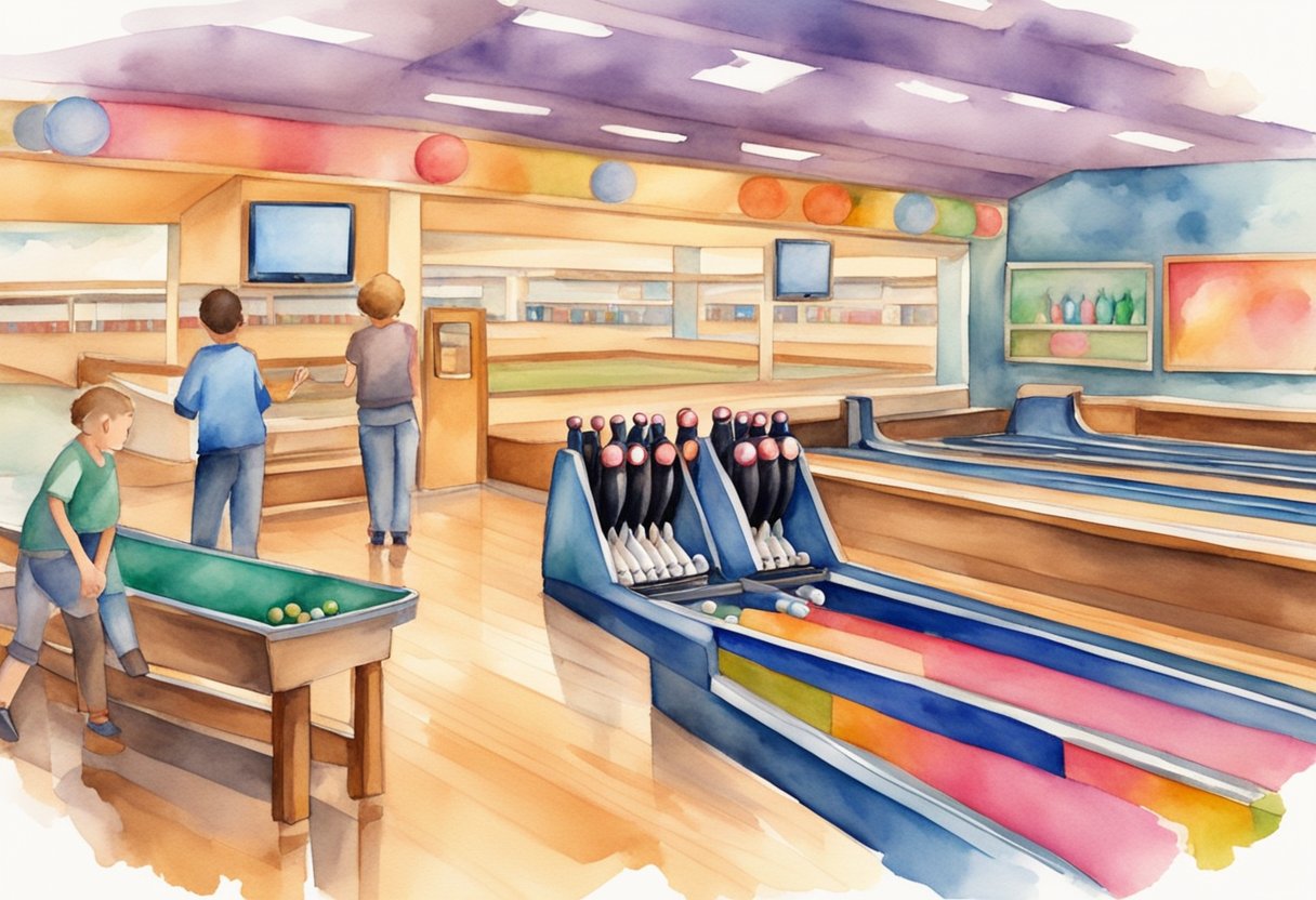Bowling alley with colorful lanes, pins, and balls. Players in the background, enjoying the game. Trophy and awards displayed on the shelves