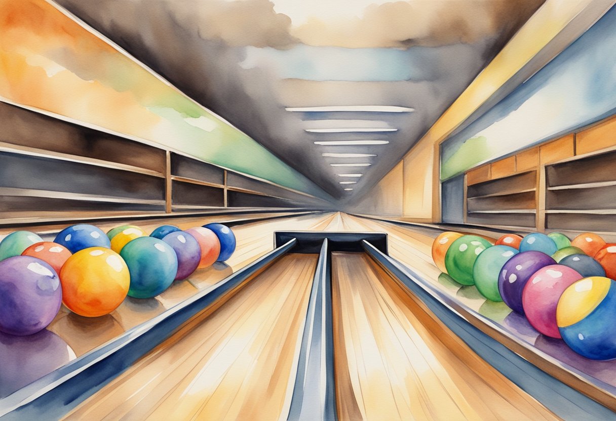 A bowling ball rolling down the polished lane, knocking over pins in a brightly lit alley with colorful balls on racks and scores displayed above