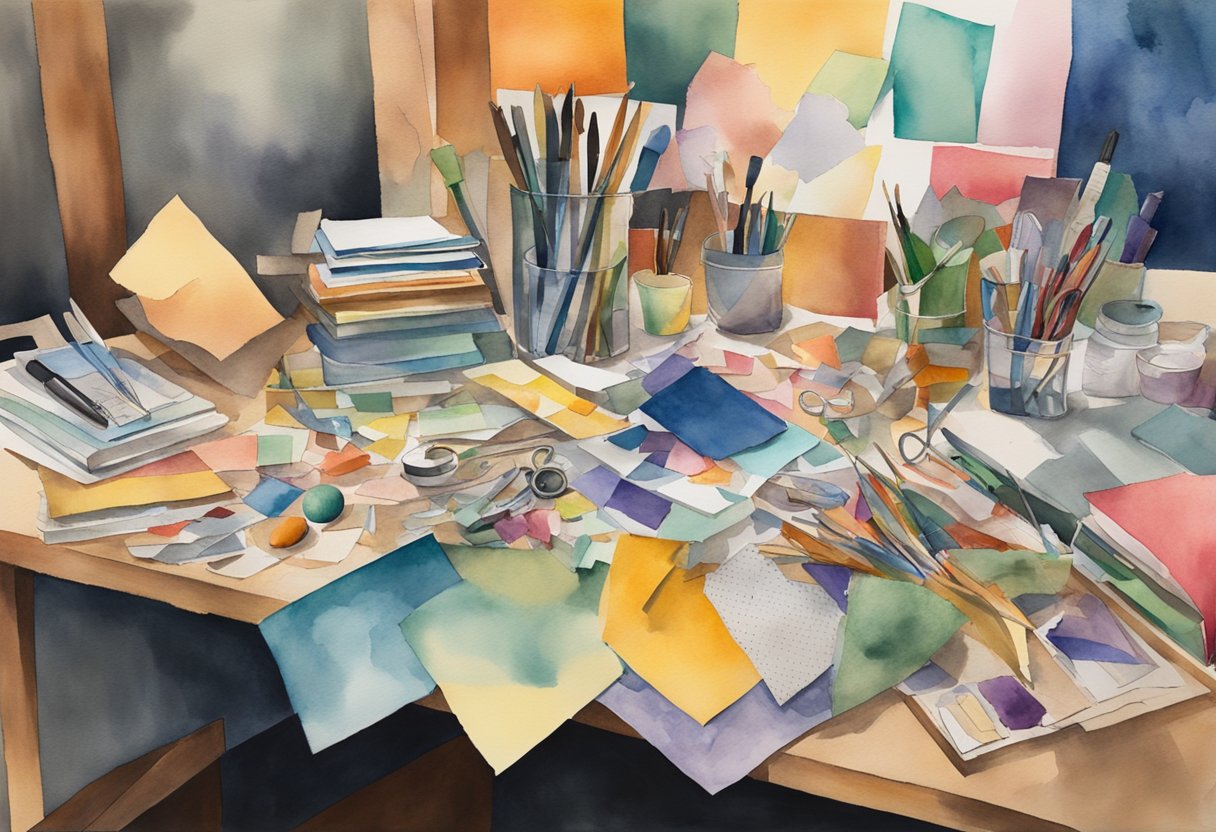 A cluttered desk with scissors, glue, and a variety of colorful paper scraps. A finished collage hangs on the wall, showcasing different textures and patterns