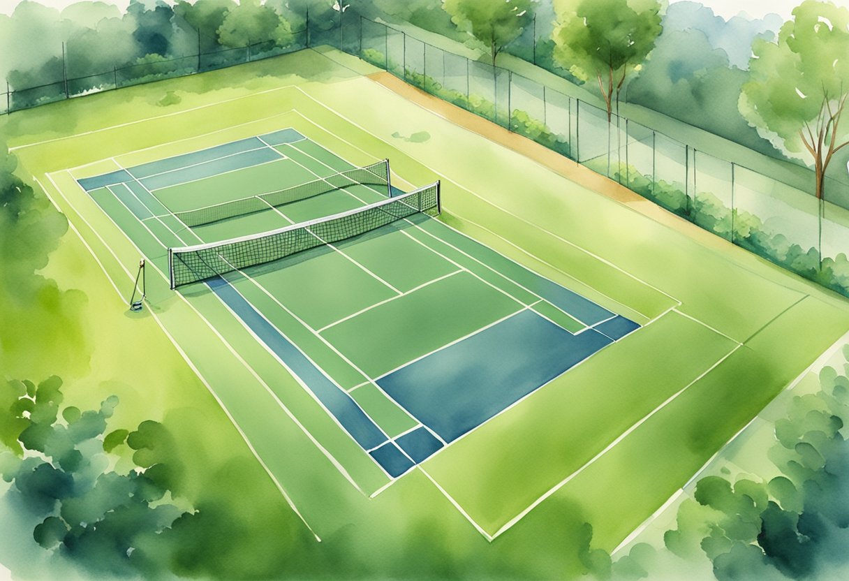 A tennis court with a net in the middle, surrounded by green grass and white lines marking the boundaries. A tennis racket and ball lying on the ground nearby