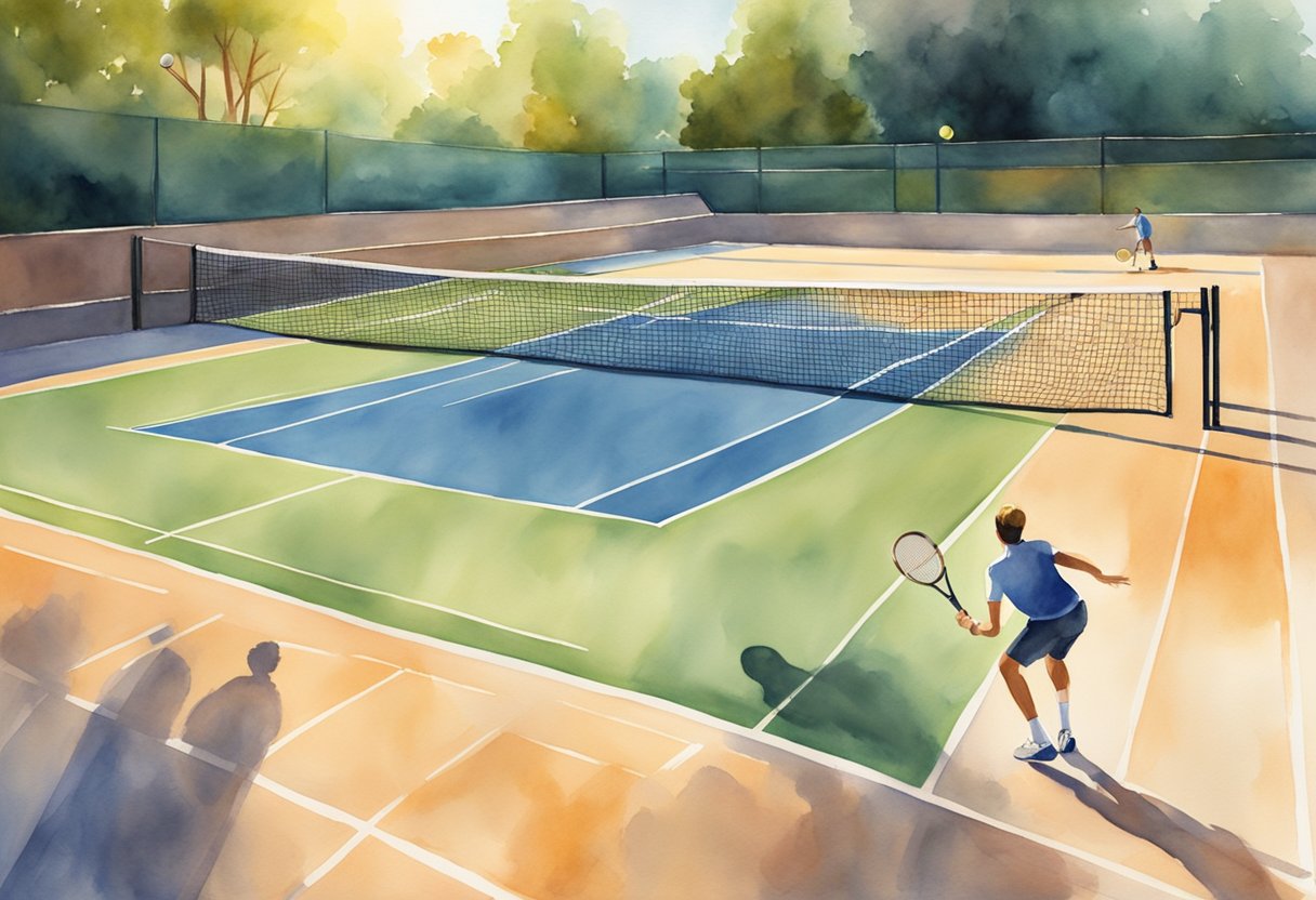 A tennis court with a net, rackets, and balls. A player serves the ball, ready to begin a match. The sun shines on the court, creating shadows