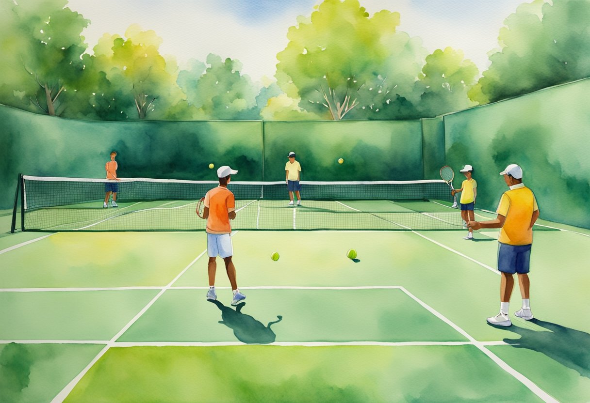 A tennis racket and ball sit on a vibrant green court, surrounded by eager beginners receiving instruction from a coach