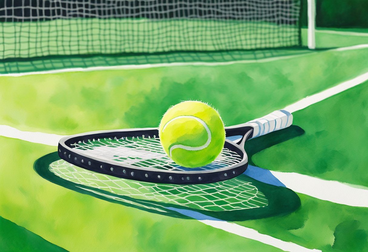 A tennis racket and ball on a bright green court, with a net in the background. A book with "Beginner's Guide to Tennis as a Hobby" is open nearby