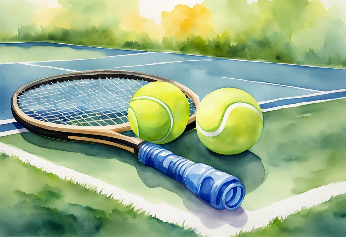 A tennis racket lies on the grass next to a ball and water bottle, with a tennis court in the background