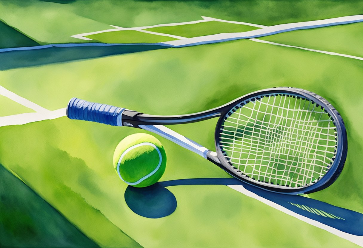 A tennis racket and ball lie on the court, ready for a beginner's first swing. The sun shines down, casting shadows on the vibrant green surface