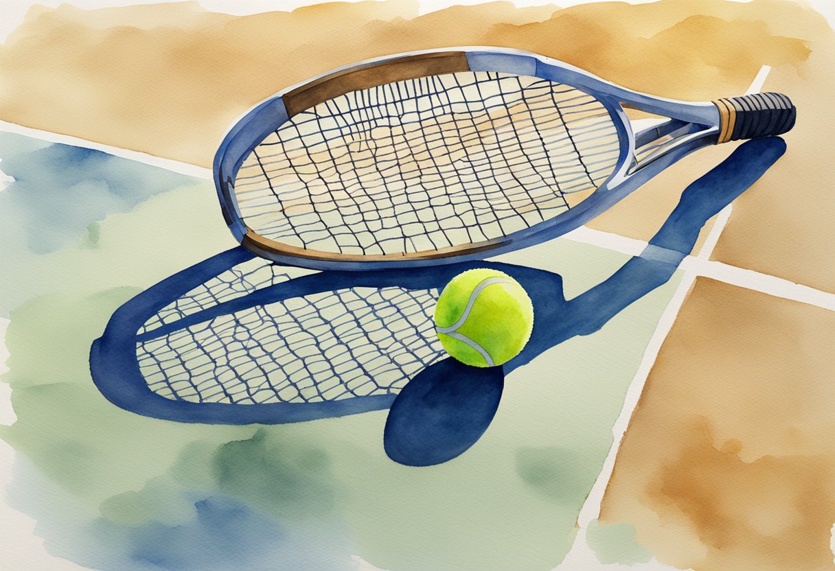 A tennis racket rests on the ground next to a tennis ball. The court is empty, with the net stretching across the middle