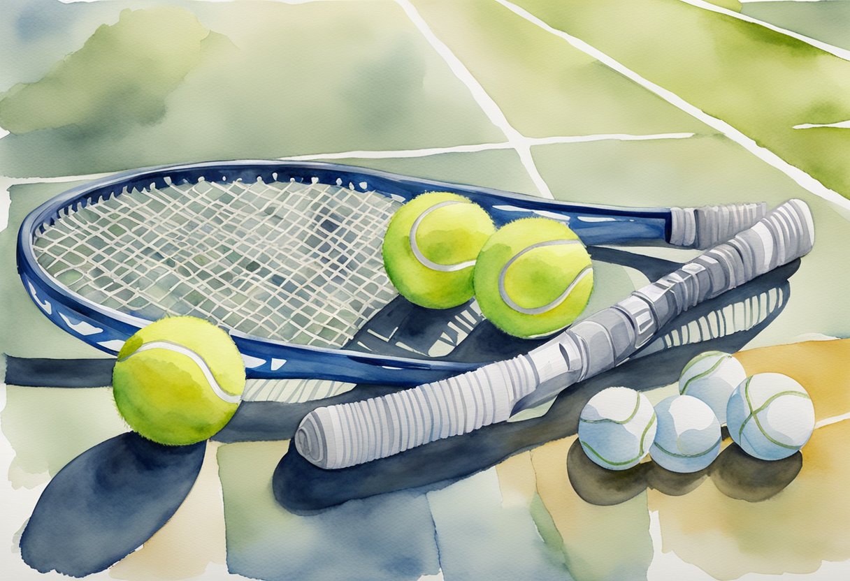 A tennis racket, tennis balls, and a pair of tennis shoes laid out on a clean, well-kept tennis court