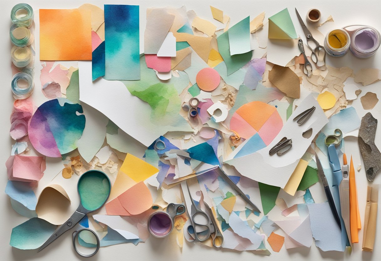 A colorful array of magazine cutouts, textured papers, and found objects lay scattered on a table. Scissors, glue, and a blank canvas await the artist's touch