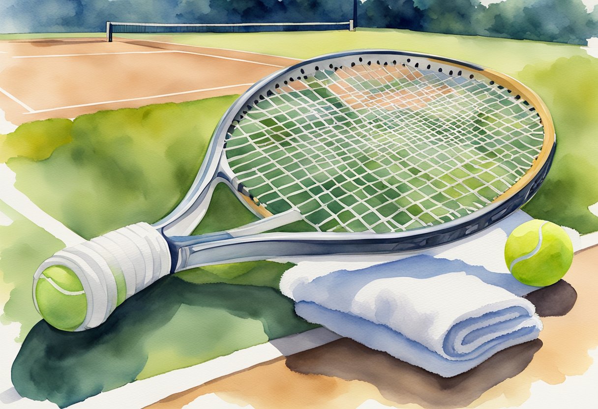 A tennis racket lies on the grass next to a water bottle and towel, with a tennis court in the background