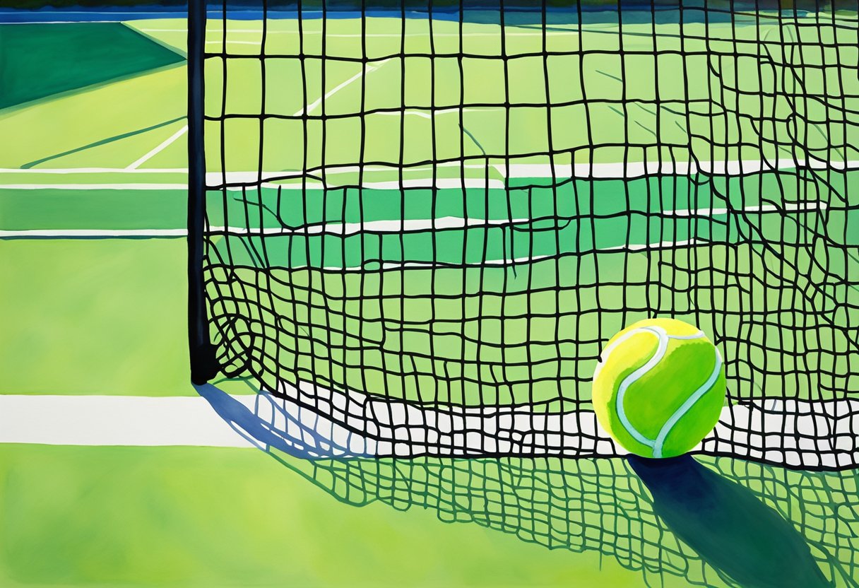 A tennis racket and ball sit on a vibrant green court, with a net stretching across the middle. The sun shines brightly in the clear blue sky, casting shadows on the court