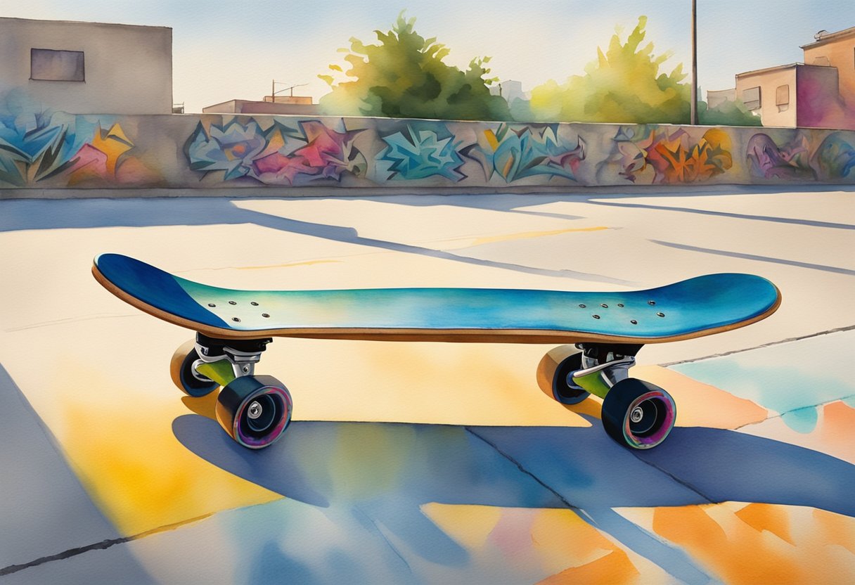 A skateboard rests on a smooth concrete surface, with vibrant graffiti-covered walls in the background. The sun casts long shadows, creating a dynamic and energetic atmosphere