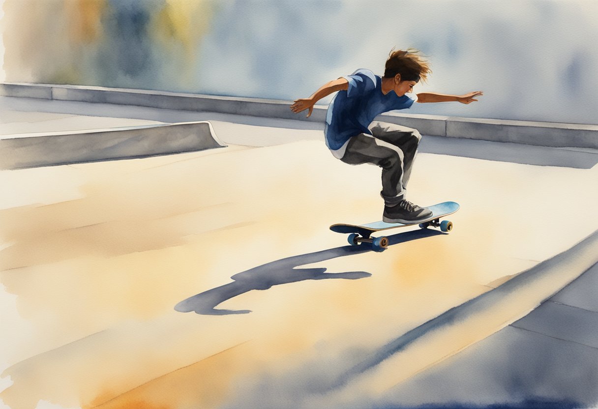 A skateboarder balances on a board, pushing off the ground with one foot. They glide across a smooth concrete surface, their body leaning slightly forward as they gain speed. The sun shines down on the skater, casting a shadow on the ground