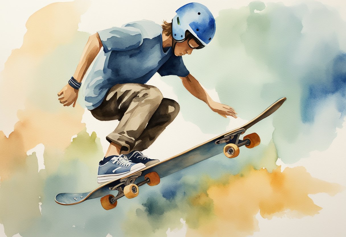 A skateboarder practices basic techniques, gradually mastering new skills. The progression from beginner to intermediate level is depicted through various tricks and maneuvers