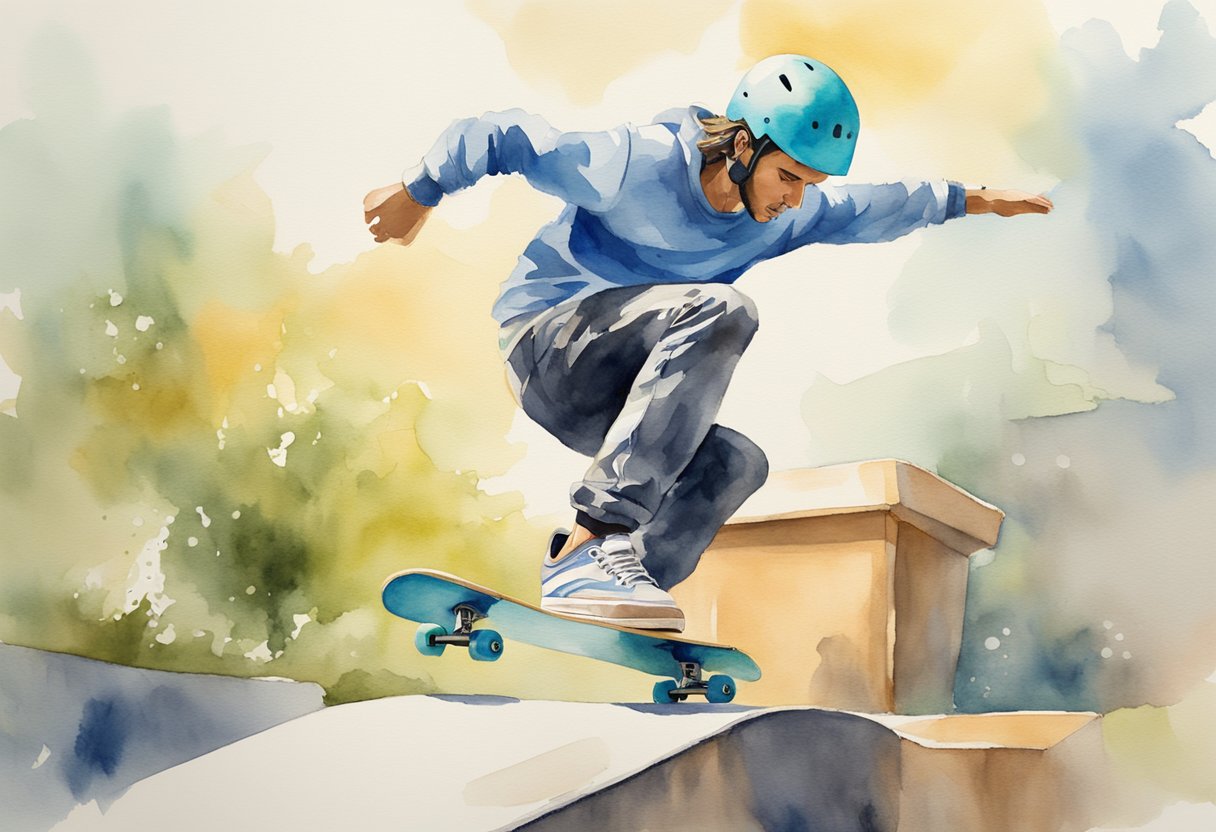 Skateboarder confidently maneuvers through obstacles, demonstrating improved control. Guidebook in hand