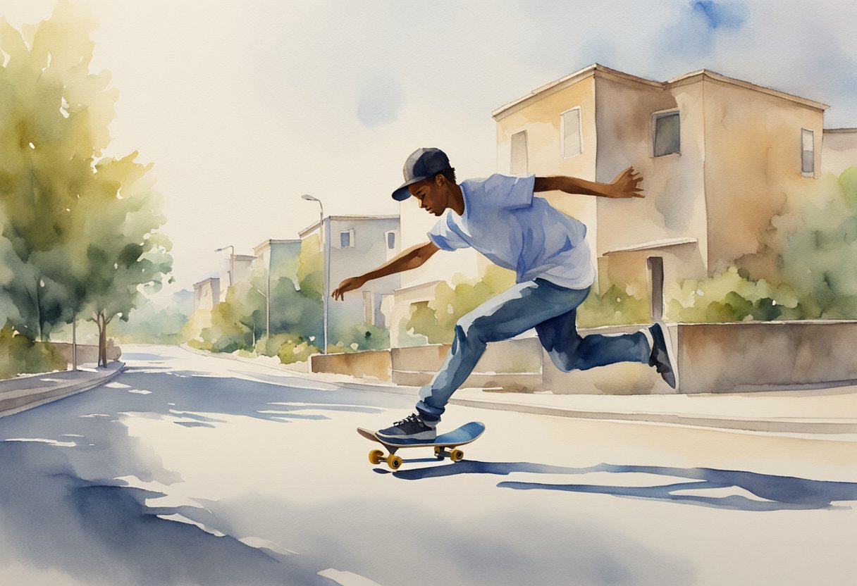 A skateboarder rides down a smooth, empty street, leaning into a turn with one foot on the board and the other pushing off the ground