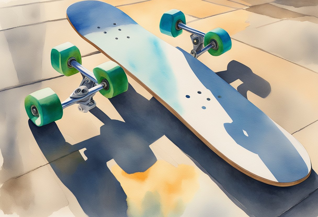 A skateboard sits on a smooth, concrete surface. Nearby, a helmet, knee pads, and elbow pads are laid out, ready for use. The sun is shining, casting long shadows on the ground