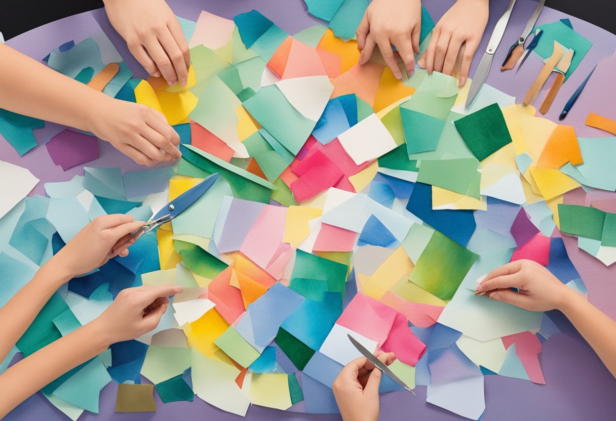 A table covered in colorful paper scraps, scissors, and glue. A pair of hands arranging and layering the materials to create a vibrant collage