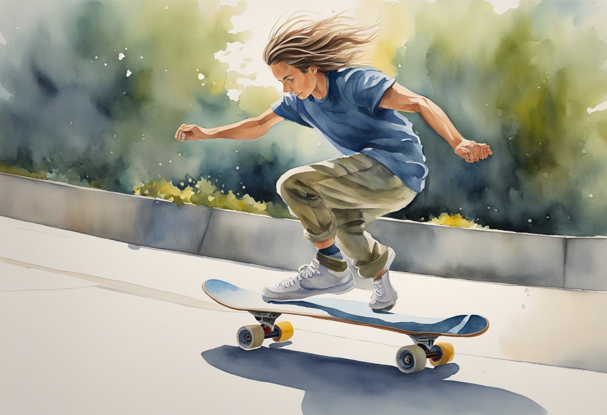 A skateboarder glides smoothly down a concrete path, the wind whistling through their hair. Their body twists and turns with fluidity, demonstrating the freedom and creativity that skateboarding offers as both exercise and expression