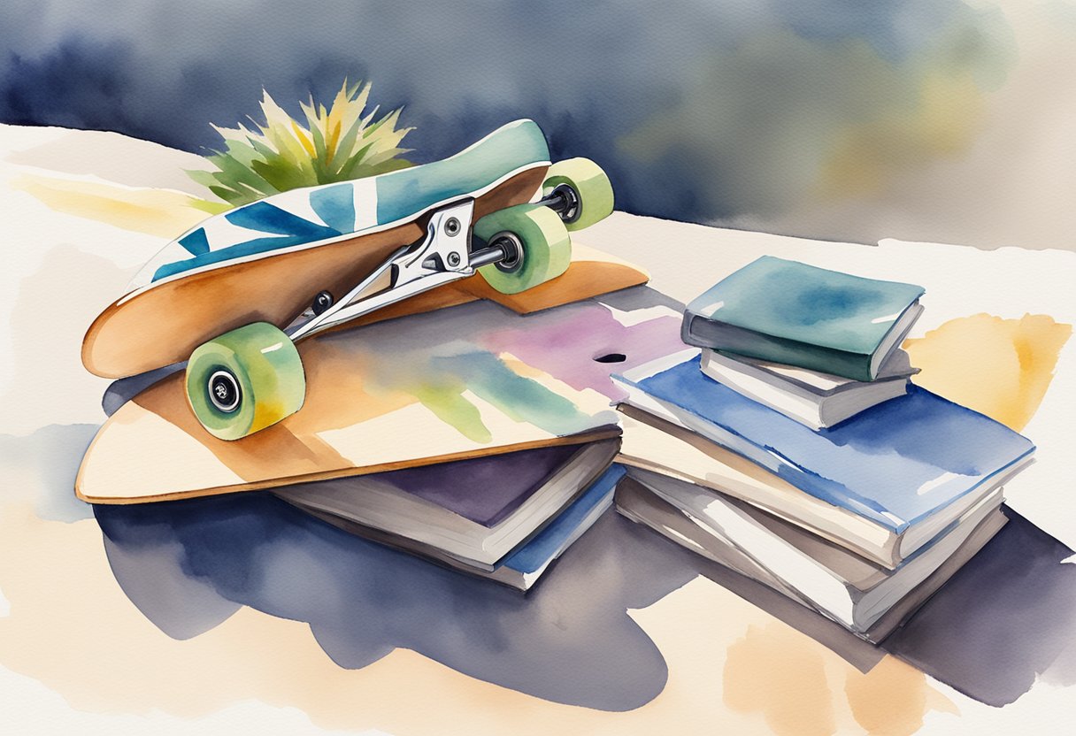 A skateboard sits on the ground next to a stack of beginner's guide books. The sun is shining, and a sense of excitement and anticipation fills the air