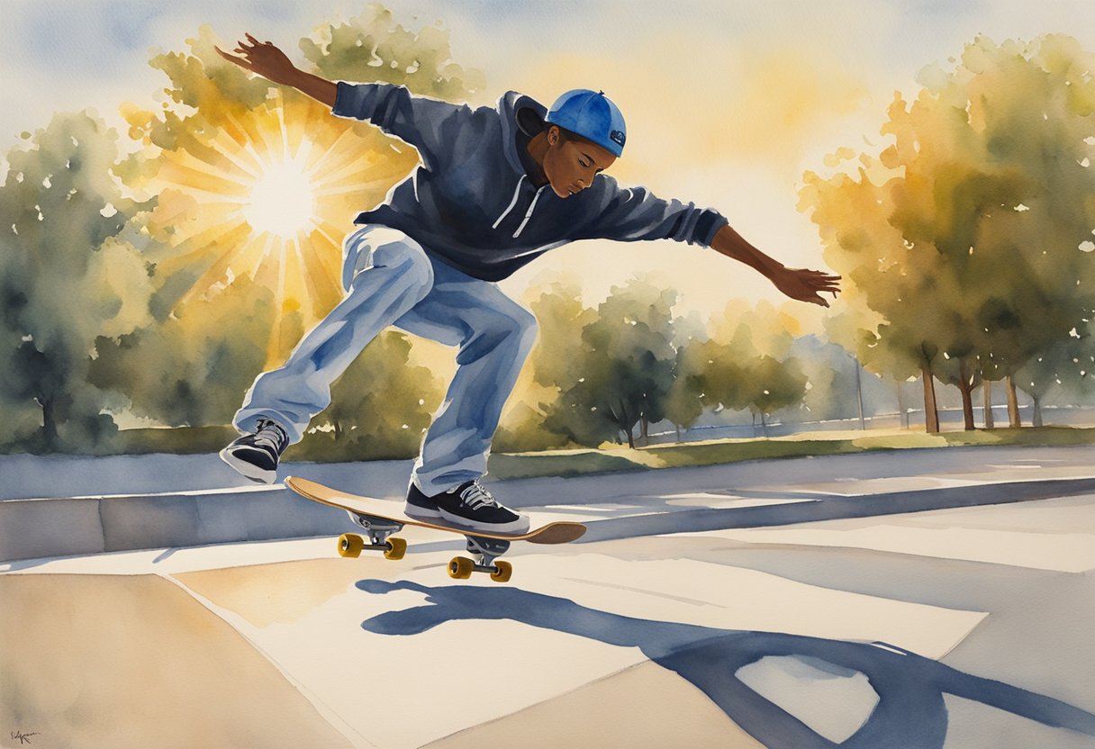A skateboarder executes a perfect ollie, soaring above the pavement with effortless grace. The sun casts long shadows as the skater lands with precision, capturing the thrill of mastering fundamental tricks