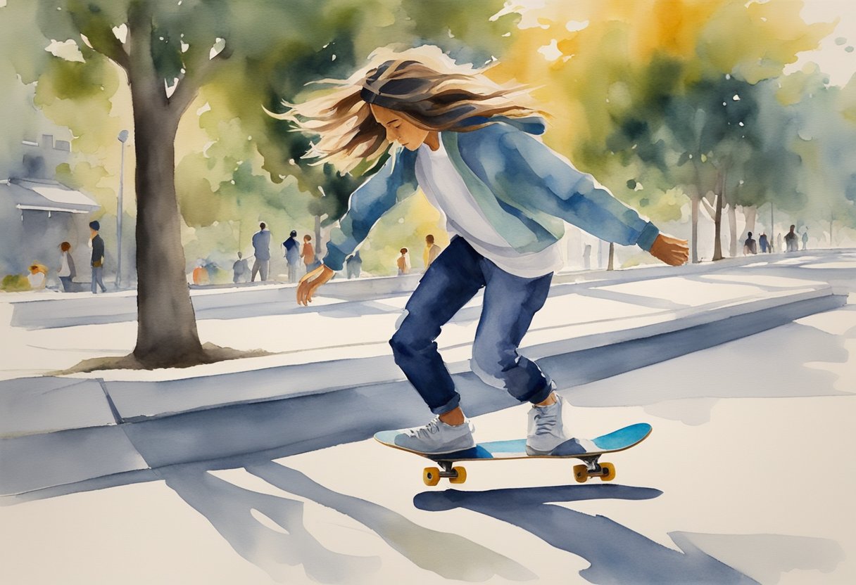 A skateboarder glides effortlessly through a city park, the wind in their hair and the sun on their face. The sense of freedom and exhilaration is palpable as they navigate the concrete paths with ease