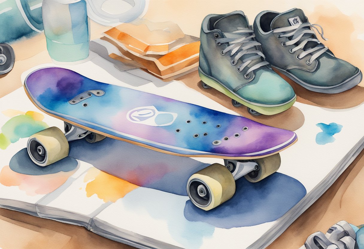 A skateboard sits on the ground, surrounded by safety gear like a helmet, knee pads, and elbow pads. A "Beginner's Guide to Skateboarding" book lies nearby