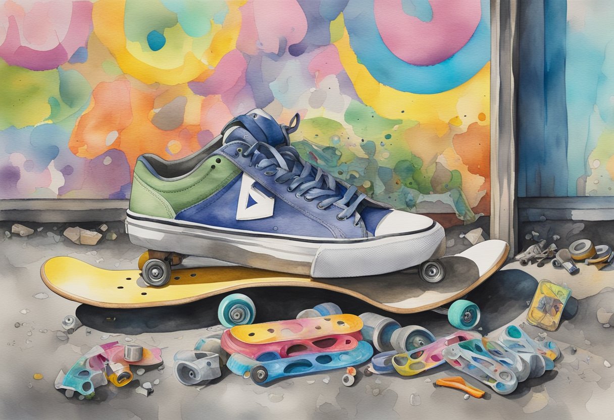 A skateboard sits against a graffiti-covered wall, surrounded by scattered wheels, trucks, and colorful stickers. A pile of worn-out skate shoes and a half-opened bag of tools lay nearby