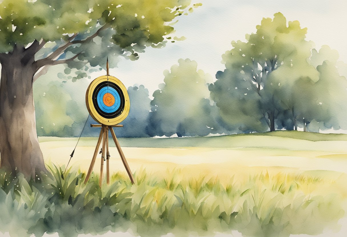 An archery target set up in a grassy field, with arrows sticking out of the bullseye and a bow leaning against a nearby tree