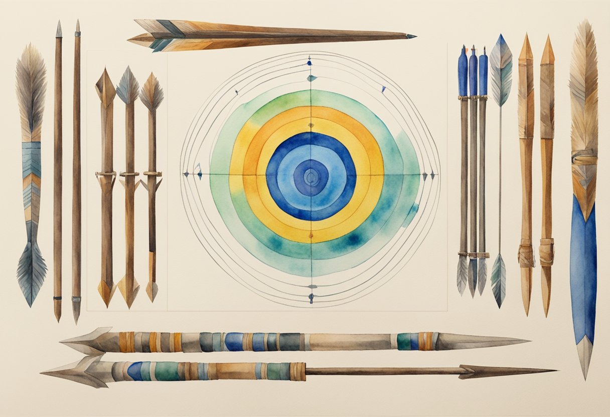 A bow, arrows, quiver, arm guard, and finger tab lay on a table. A target with concentric circles is set up in the background