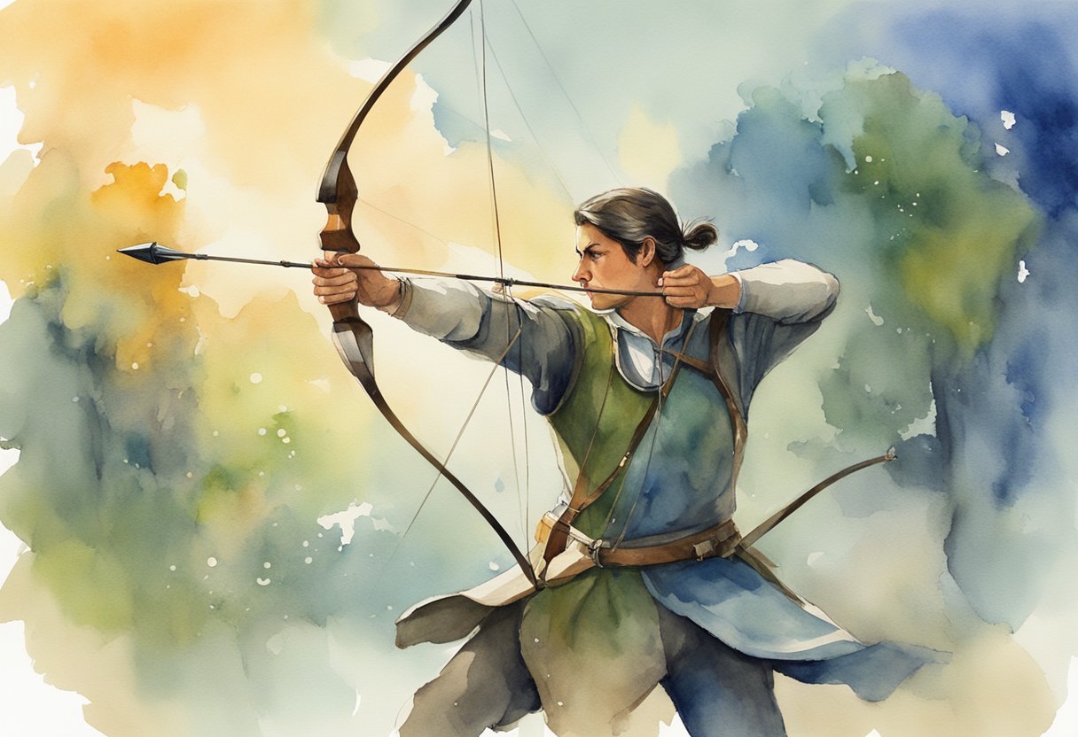 An archer pulls back the bowstring, aiming at a distant target. The arrow flies through the air, hitting the bullseye with precision
