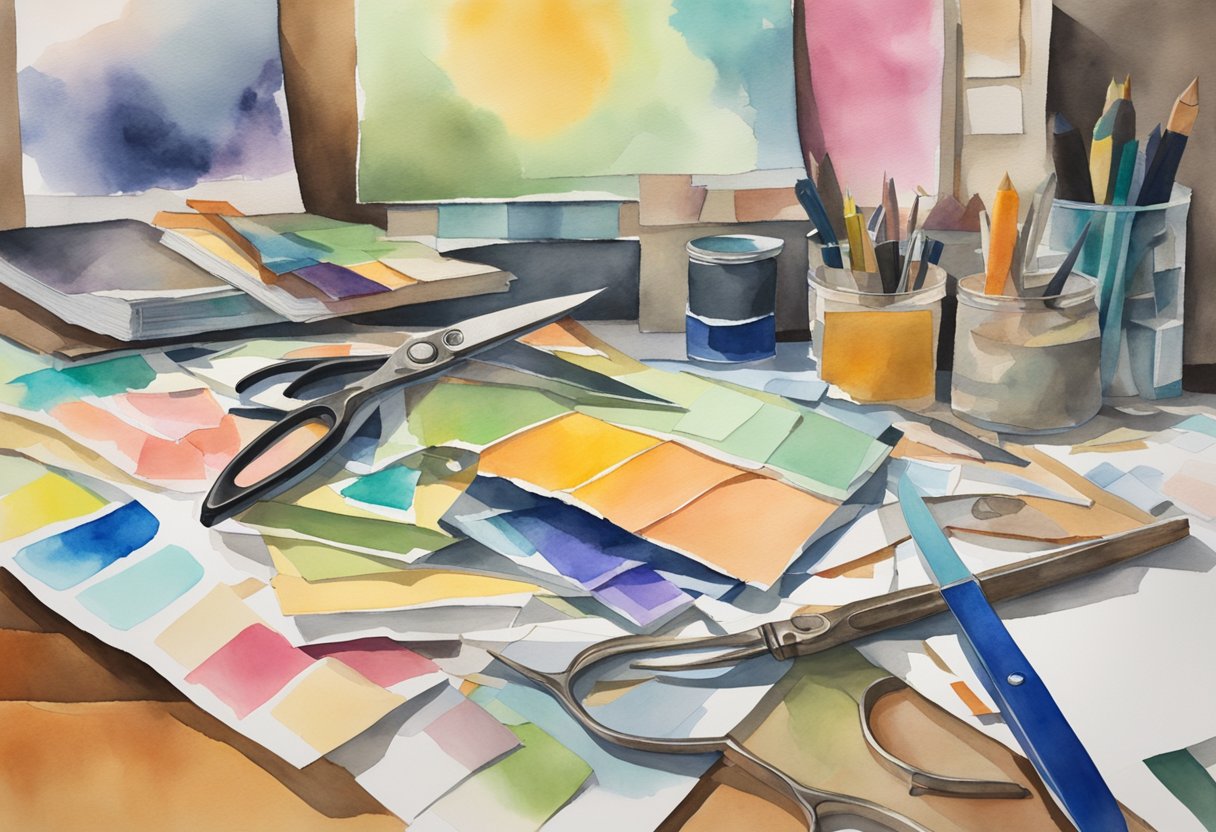 A cluttered desk with scissors, glue, and magazine clippings. A colorful collage in progress, with overlapping images and textures. A stack of beginner's guide books in the background