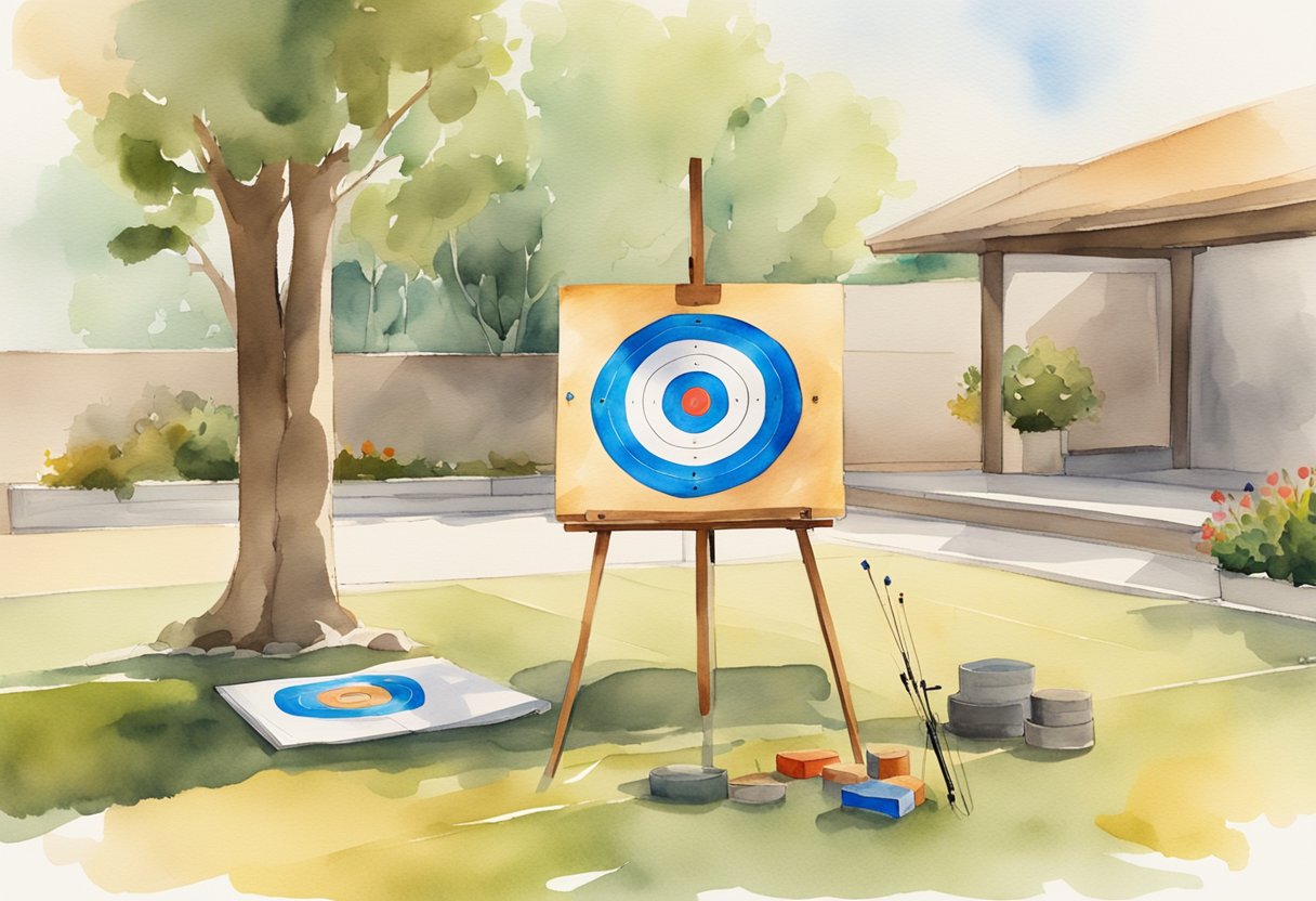 An archery target set up in a spacious, well-lit outdoor area. A beginner's guide book and safety equipment laid out nearby