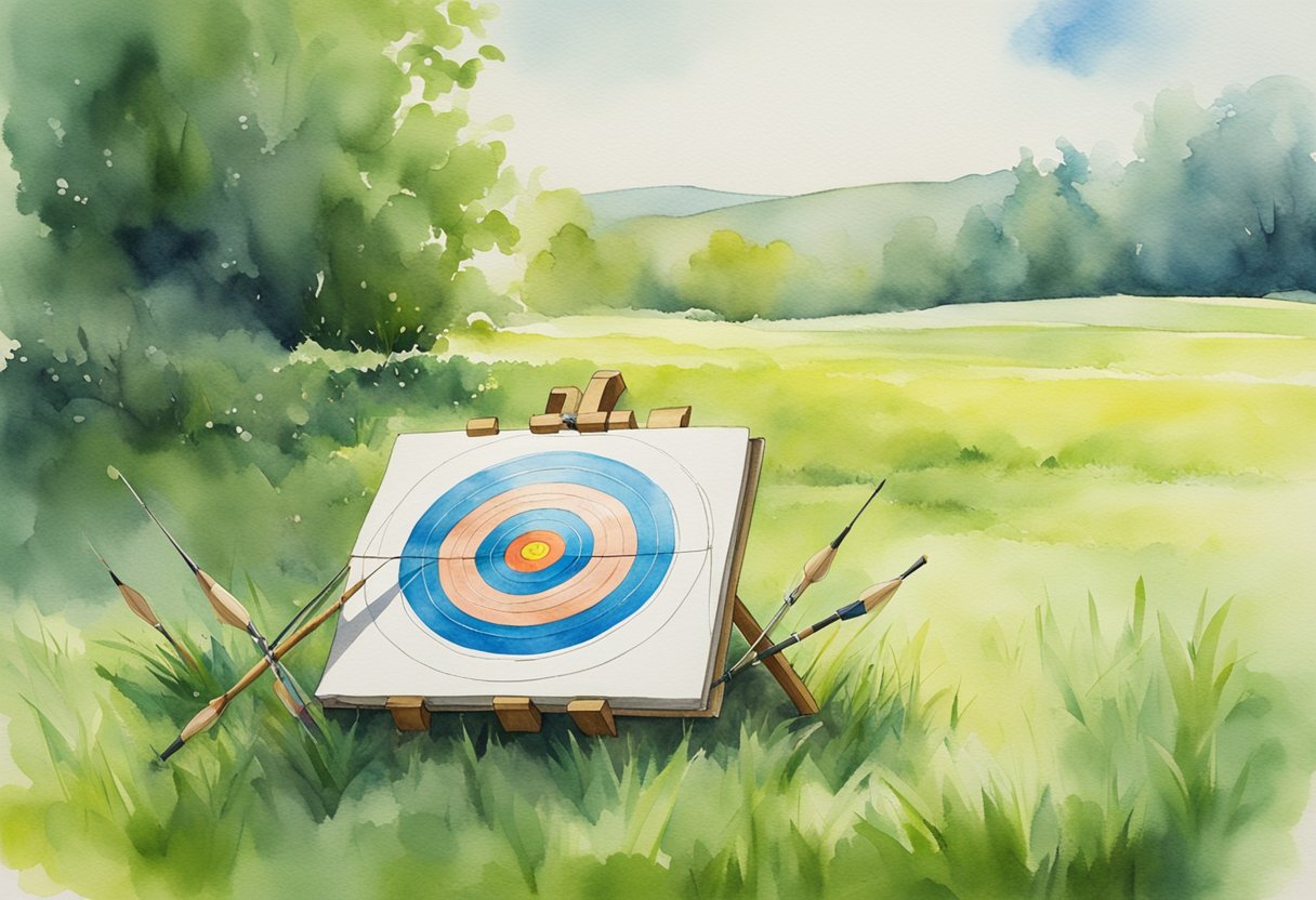 An archery target set up in a lush green field, with a bow and arrows lying nearby, a beginner's guide book open on the grass