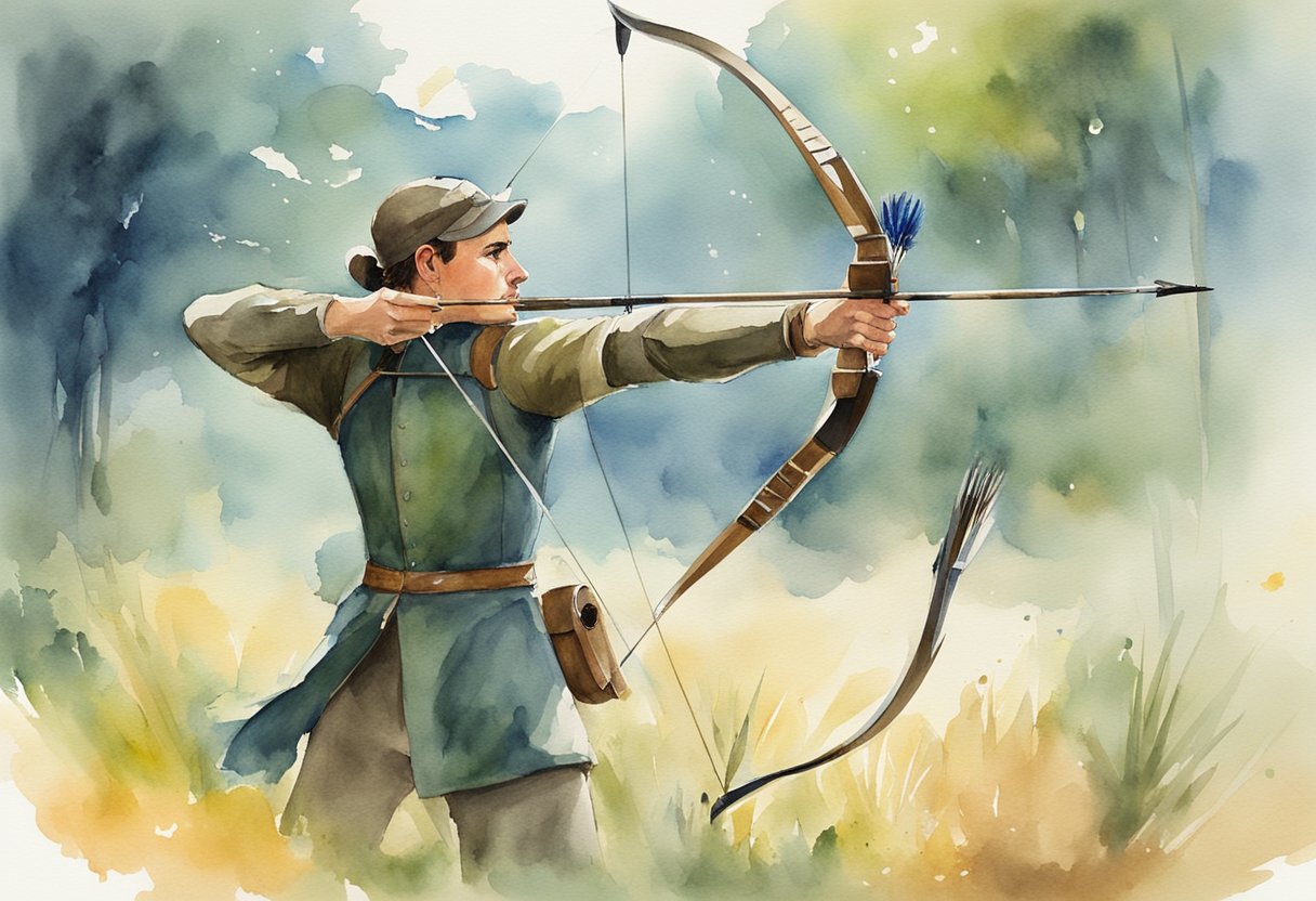 An archer draws the bow, aiming at the target downrange. The arrow is released, flying through the air towards the bullseye