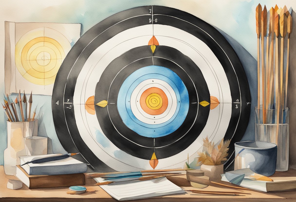 An archery target surrounded by arrows, a bow, and beginner's guide book on a table