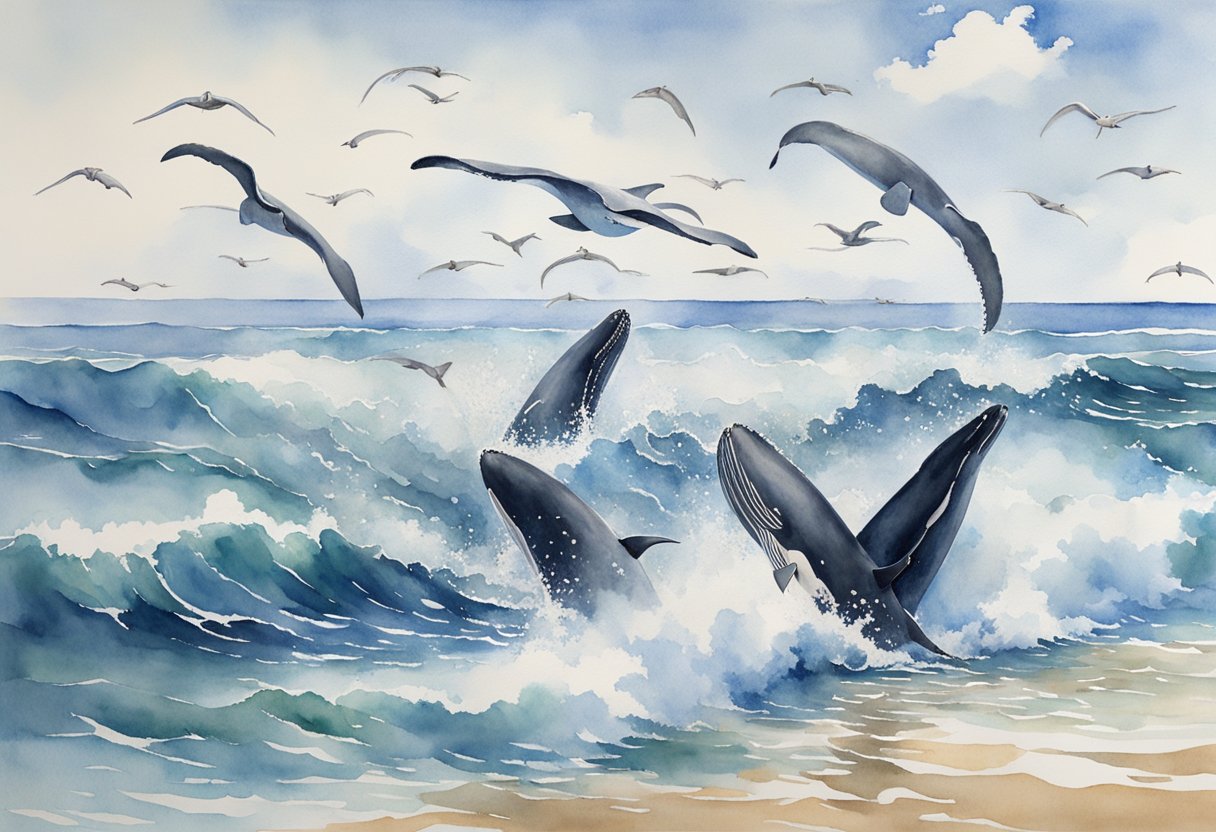 A calm ocean with a clear blue sky, a group of whales gracefully breaching the surface, surrounded by seagulls and the sound of gentle waves